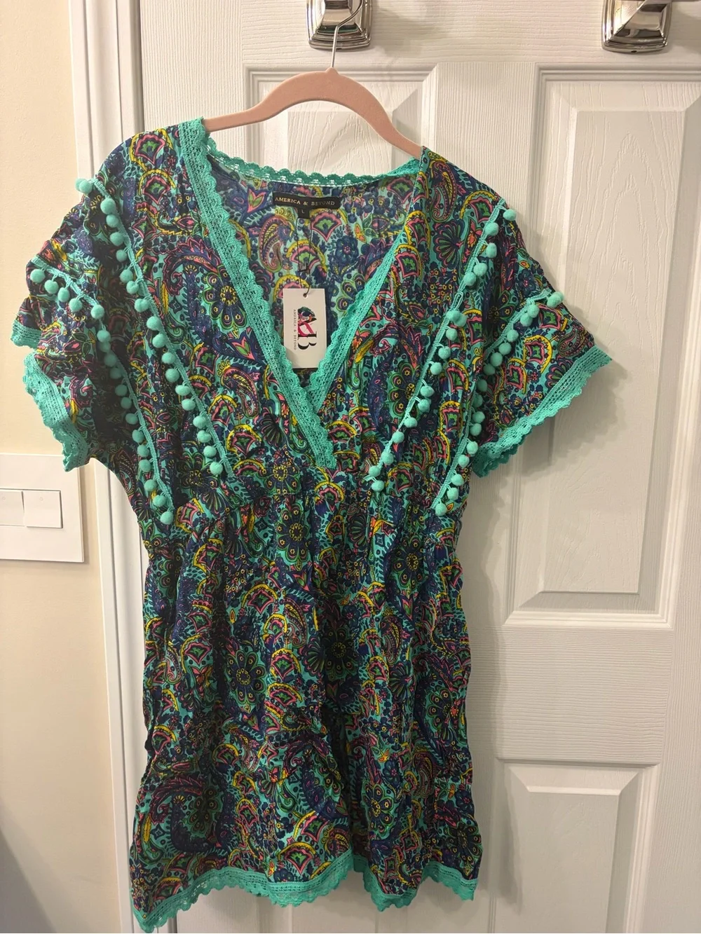 Boho Teal Pom-Pom V-Neck Swimsuit Cover up.